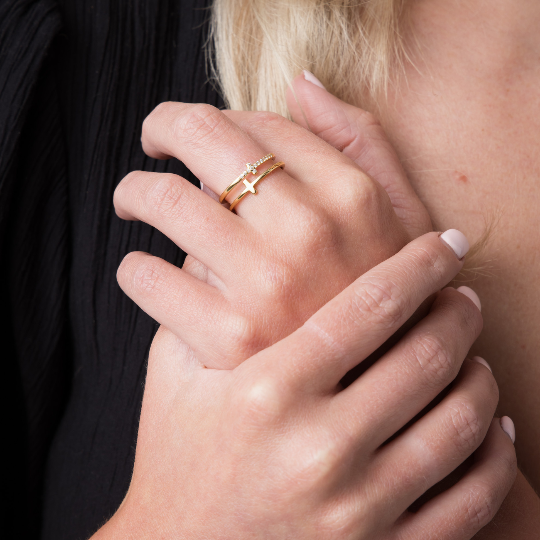 To My Daughter "Pray Through It"  Gold Twin Band Cross Ring