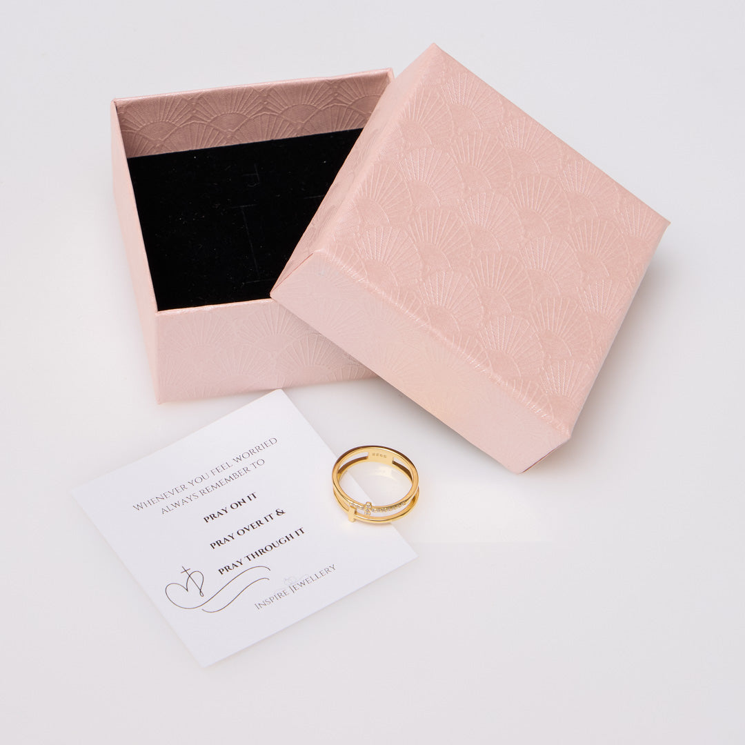To My Daughter "Pray Through It"  Gold Twin Band Cross Ring